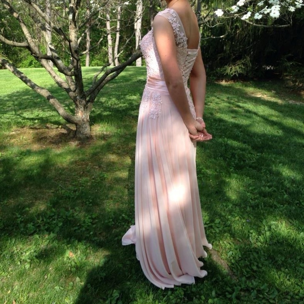 Light Pink Embroidered and Beaded Prom Dress - Picture 7 of 9